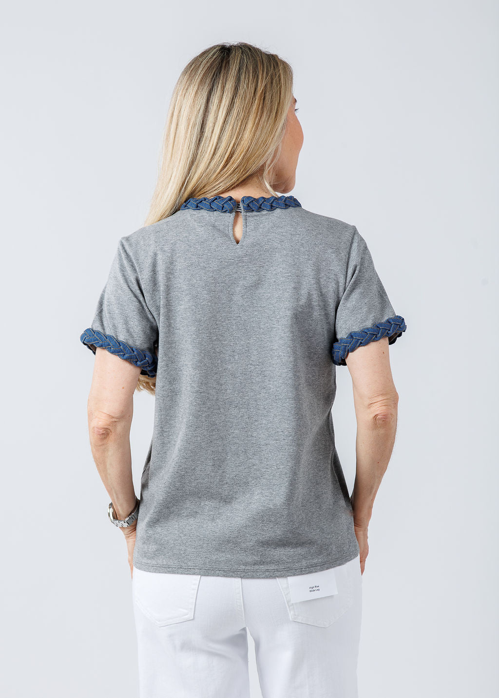 Cinq a Sept Denim Braided Tee in Grey available at Barbara Katz