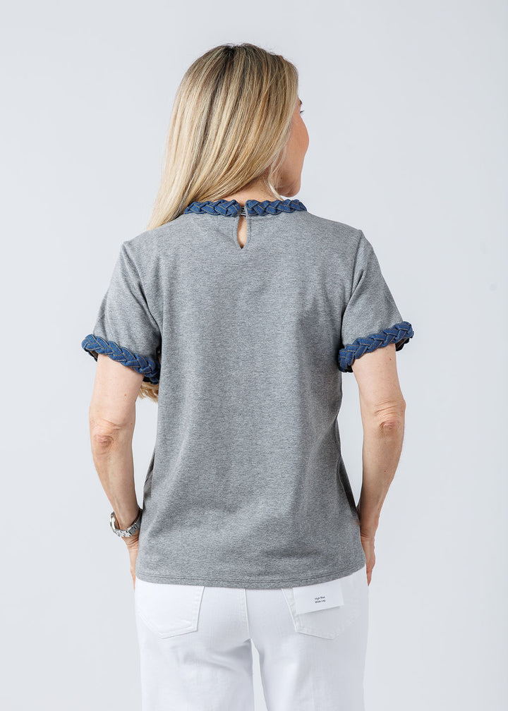 Cinq a Sept Denim Braided Tee in Grey available at Barbara Katz