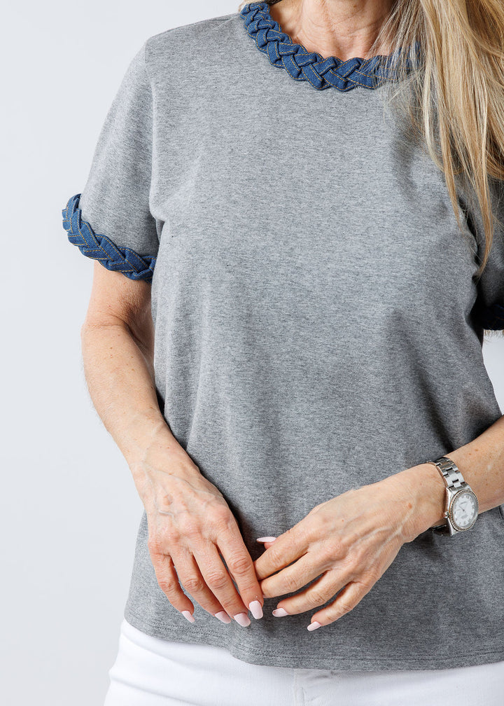 Cinq a Sept Denim Braided Tee in Grey available at Barbara Katz