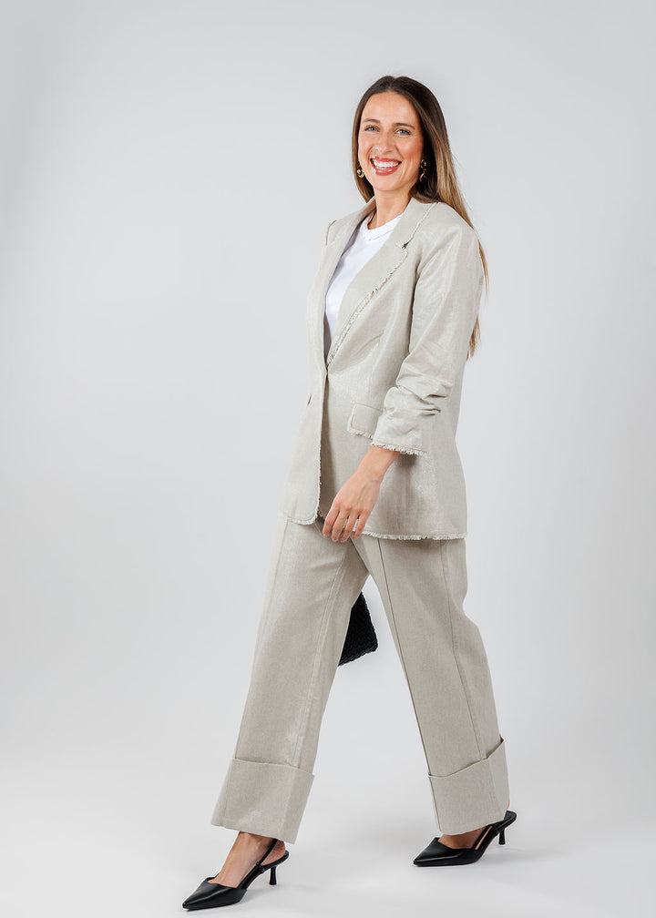 Cinq a Sept Kylie Lurex Linen Blazer in Plaster paired with matching Cinq a Sept Vassi Lurex Linen Pants in Plaster available at Barbara Katz