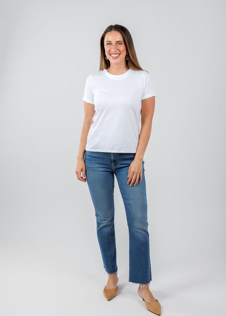 Cinq a Sept Braided Tee in White paired with Mother The Hustler Ankle Fray Jeans in Grasping At Straws available at Barbara Katz