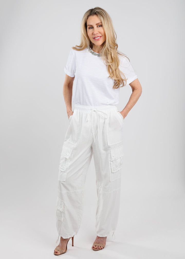 Cinq a Sept Crystal Garden Bree Tee in White paired with Cinq a Sept Ruffle Nitsan Parachute Pants in White available at Barbara Katz