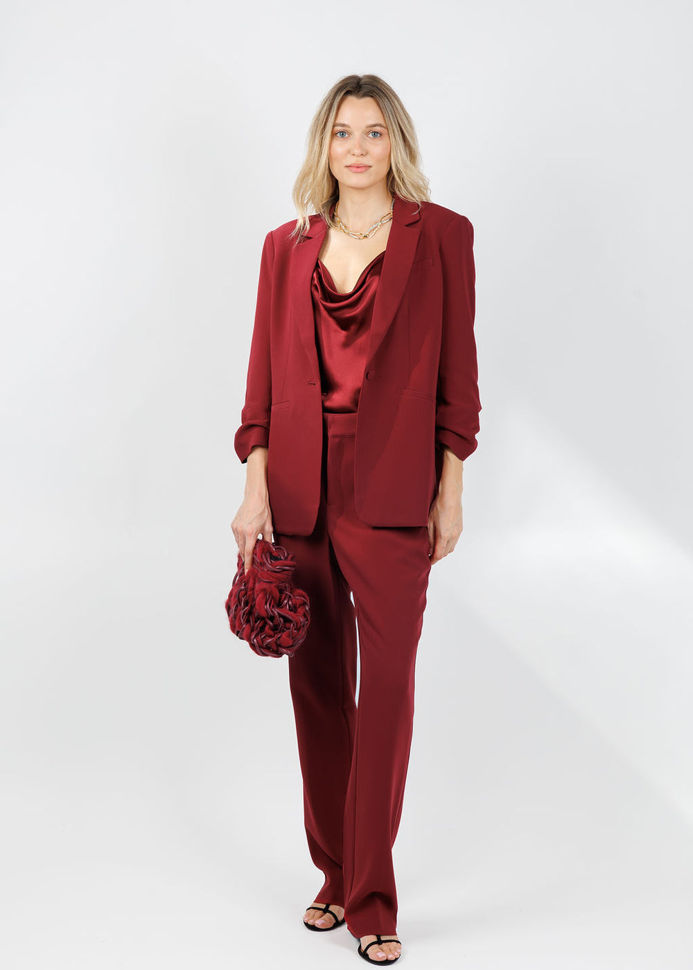 Cinq a Sept Khloe Crepe Blazer in Wineberry paired with matching Marta Cami and Kerry Pants available at Barbara Katz