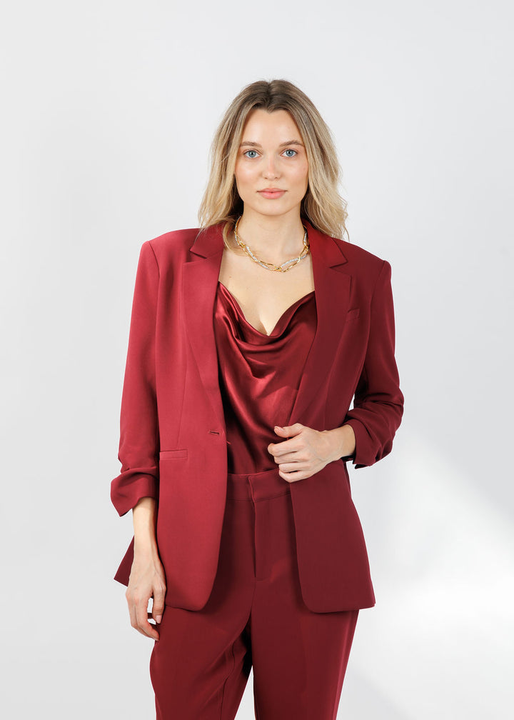 Cinq a Sept Khloe Crepe Blazer in Wineberry paired with matching Marta Cami and Kerry Pants available at Barbara Katz