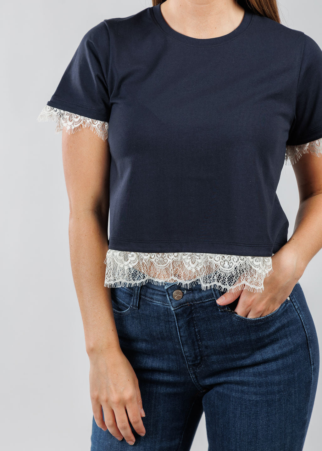 Cinq a Sept Ami Lace Tee in Navy/Ivory available at Barbara Katz