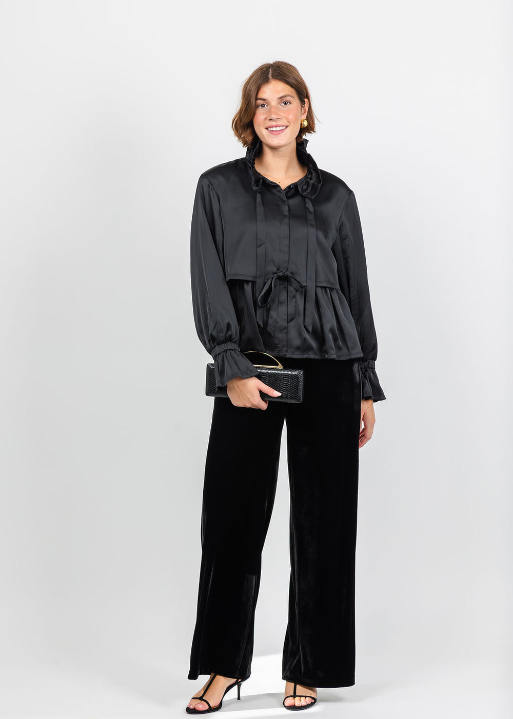 Cinq a Sept Azira Jacket in Black paired with MAC 32" Wide Chiara Velvet Pant in Black available at Barbara Katz