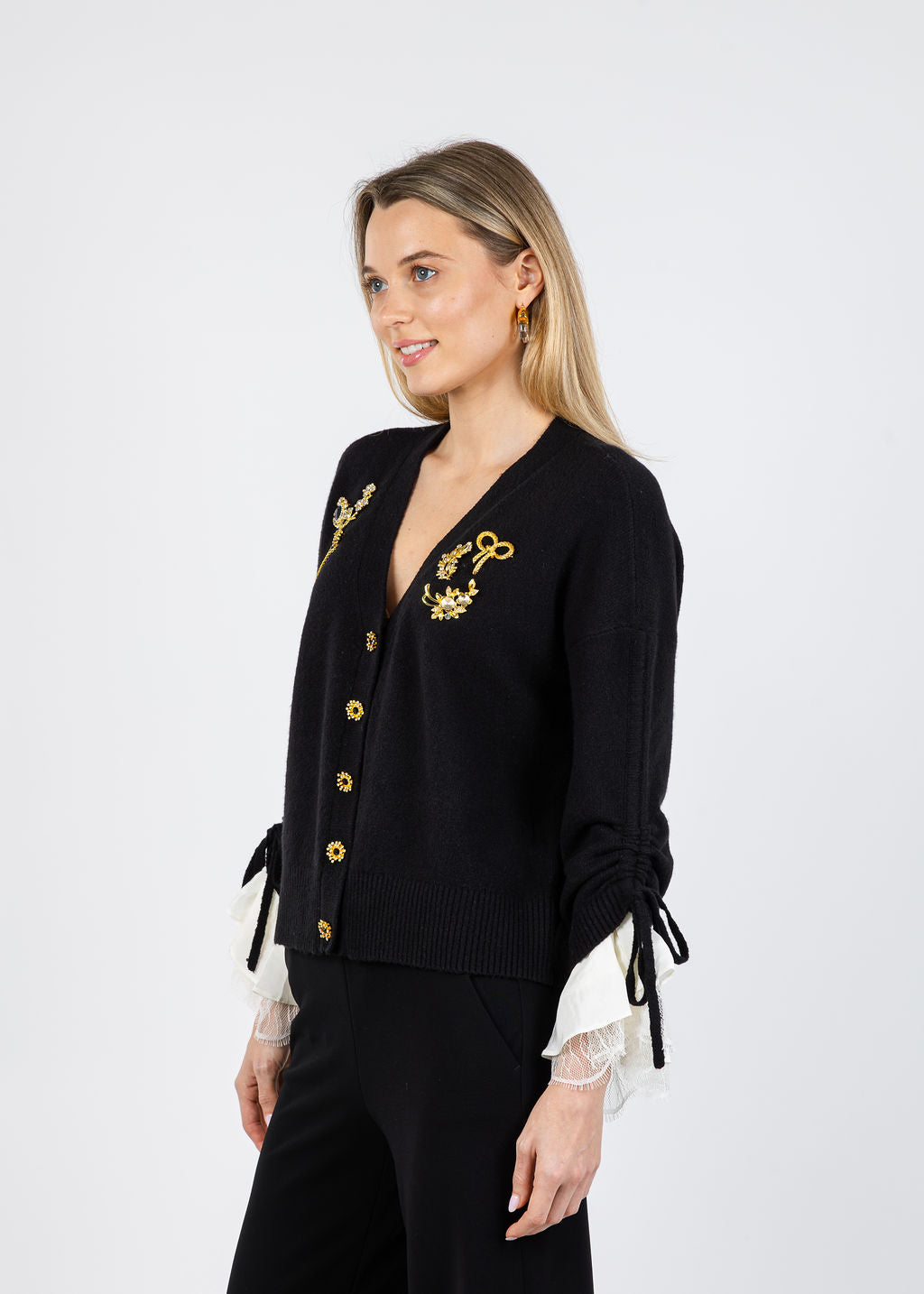 Cinq a Sept Brooches Atlas Cardigan in Black available at Barbara Katz