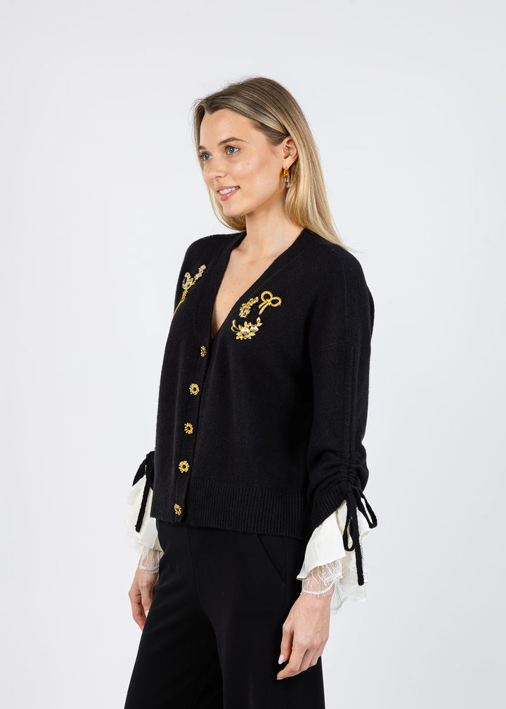 Cinq a Sept Brooches Atlas Cardigan in Black available at Barbara Katz