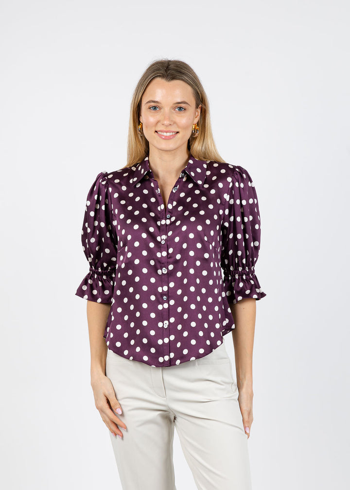 Cinq a Sept Camille Polka Dot Fiona Top in Deep Plum/Limes available at Barbara Katz