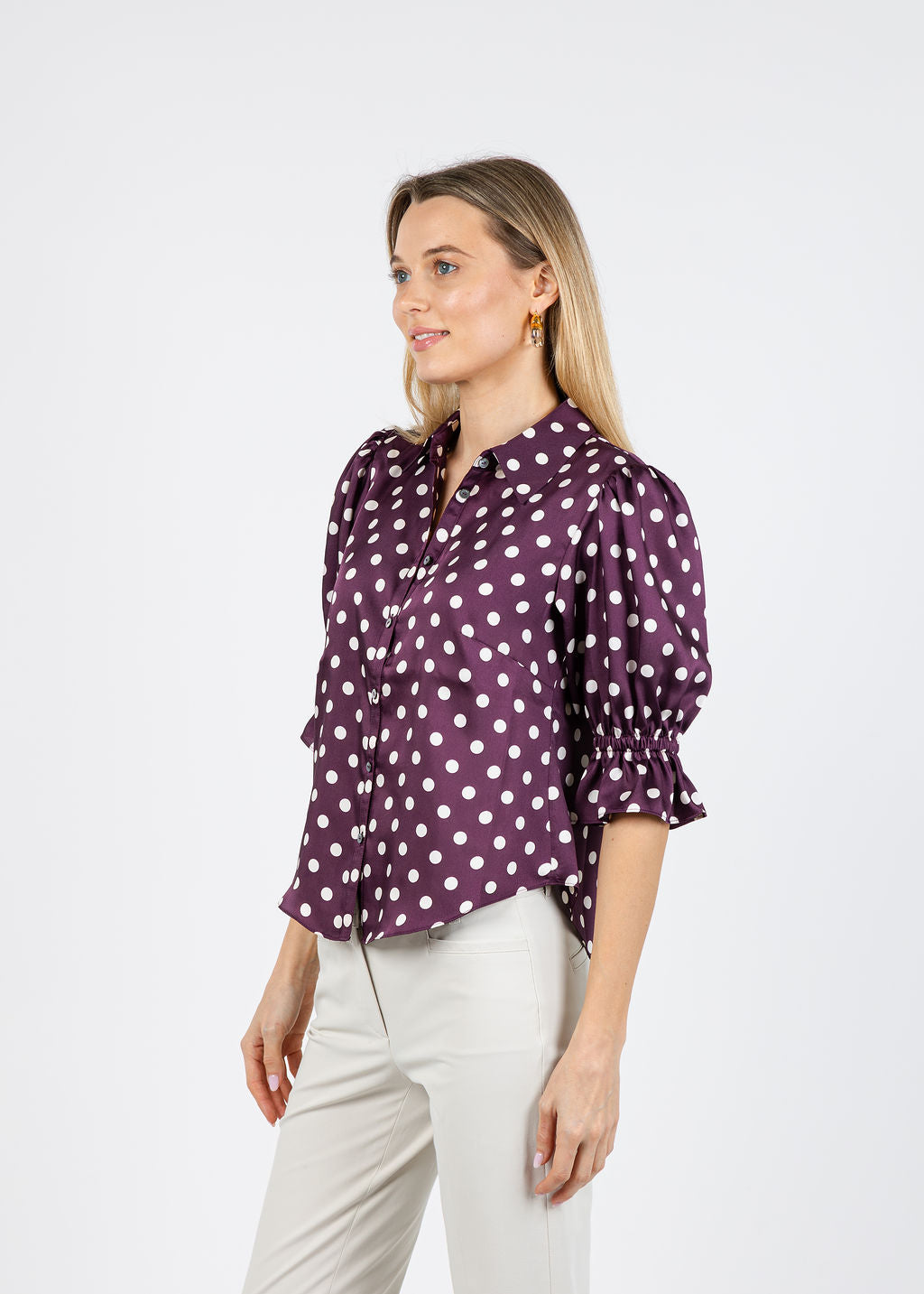 Cinq a Sept Camille Polka Dot Fiona Top in Deep Plum/Limes available at Barbara Katz