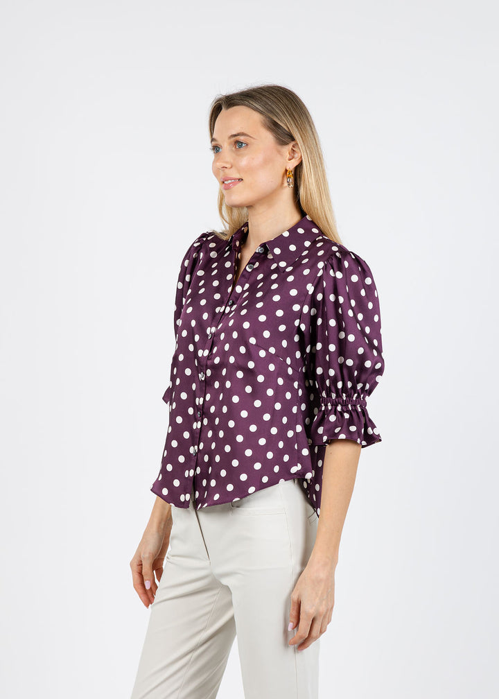 Cinq a Sept Camille Polka Dot Fiona Top in Deep Plum/Limes available at Barbara Katz