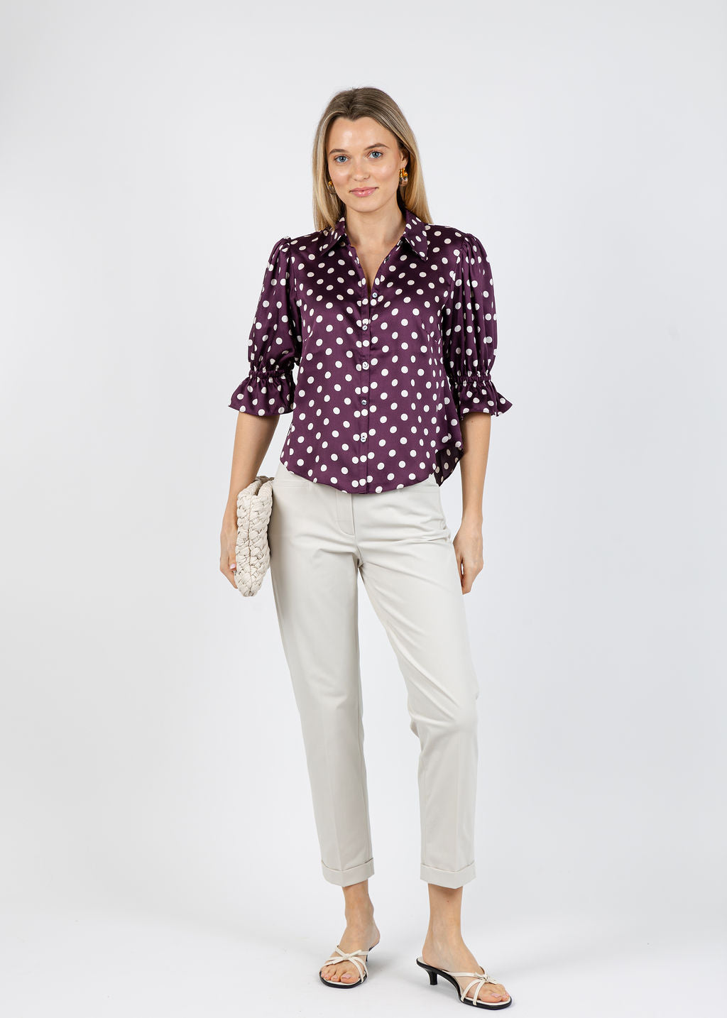 Cinq a Sept Camille Polka Dot Fiona Top in Deep Plum/Limes available at Barbara Katz