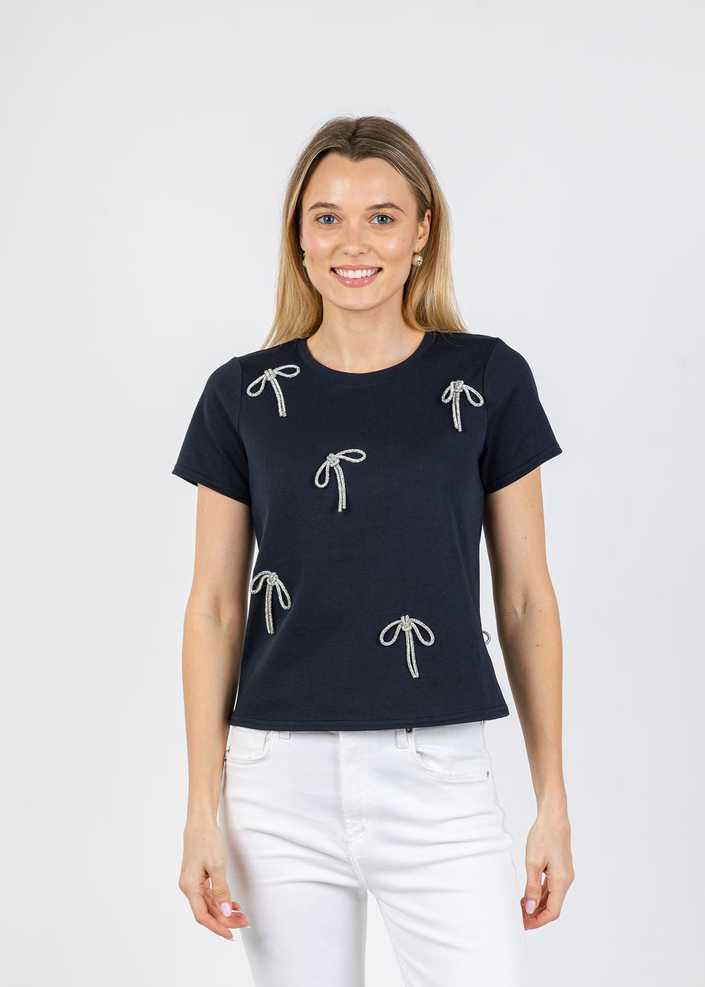 Cinq a Sept Corded Rhinestone Bow Shrunken Tee in Navy available at Barbara Katz