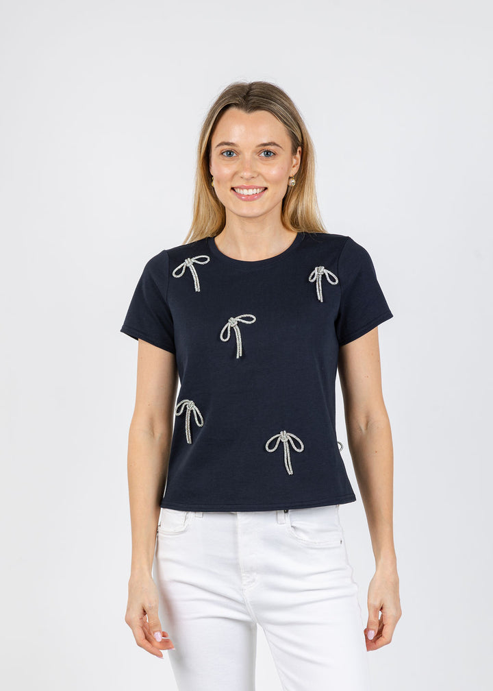 Cinq a Sept Corded Rhinestone Bow Shrunken Tee in Navy available at Barbara Katz