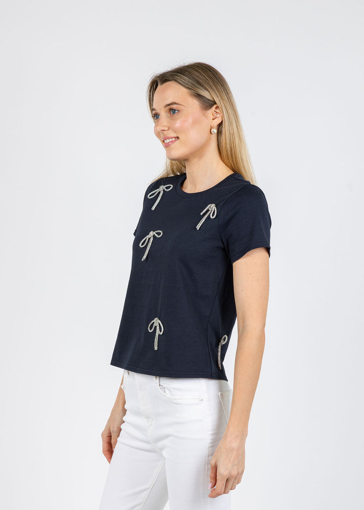 Cinq a Sept Corded Rhinestone Bow Shrunken Tee in Navy available at Barbara Katz