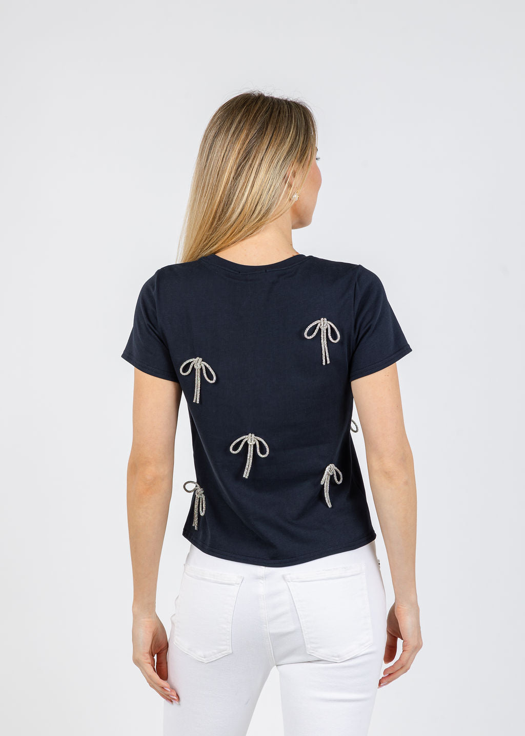 Cinq a Sept Corded Rhinestone Bow Shrunken Tee in Navy available at Barbara Katz