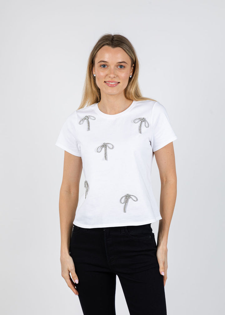 Cinq a Sept Corded Rhinestone Bow Shrunken Tee in White available at Barbara Katz
