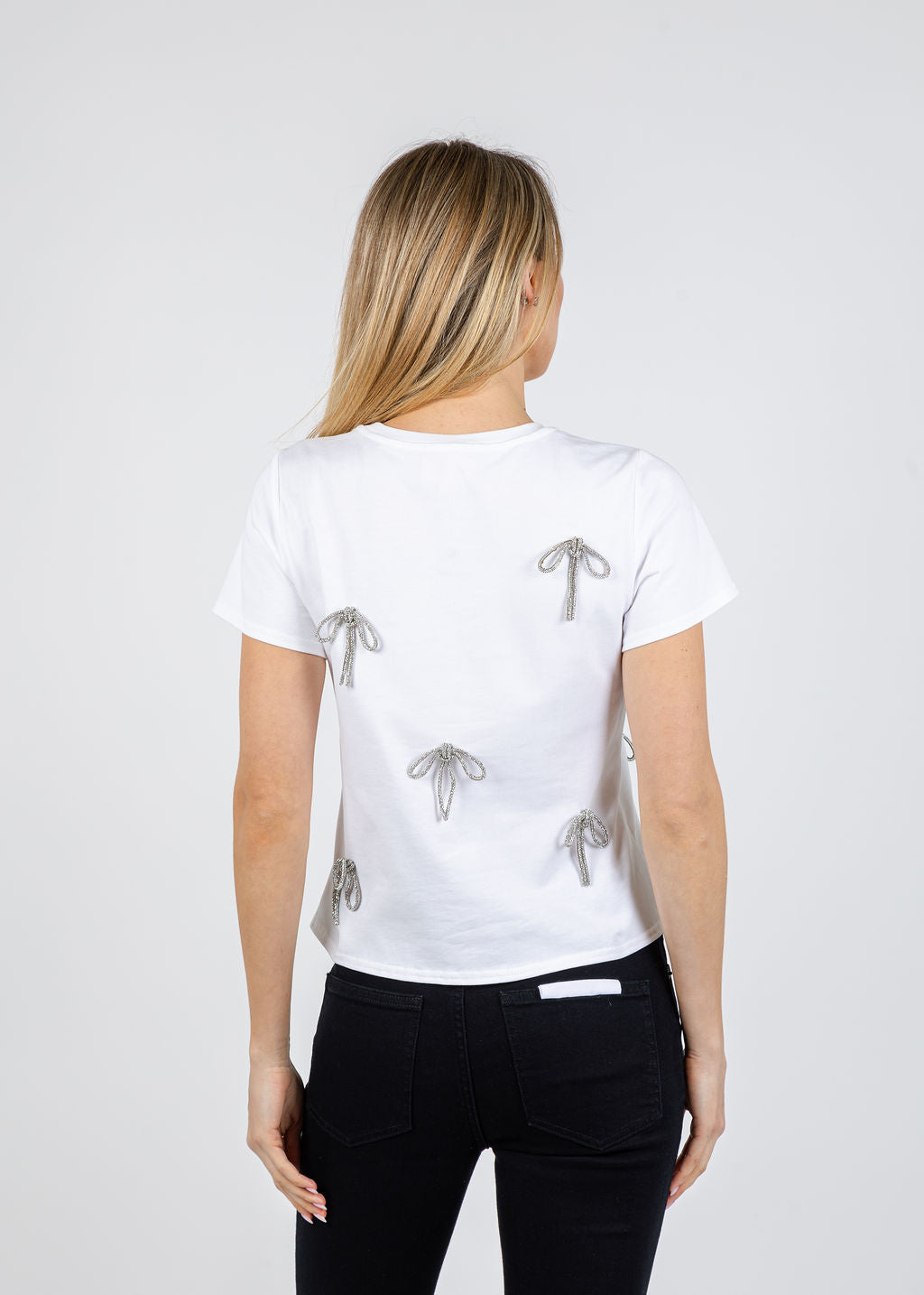 Cinq a Sept Corded Rhinestone Bow Shrunken Tee in White available at Barbara Katz
