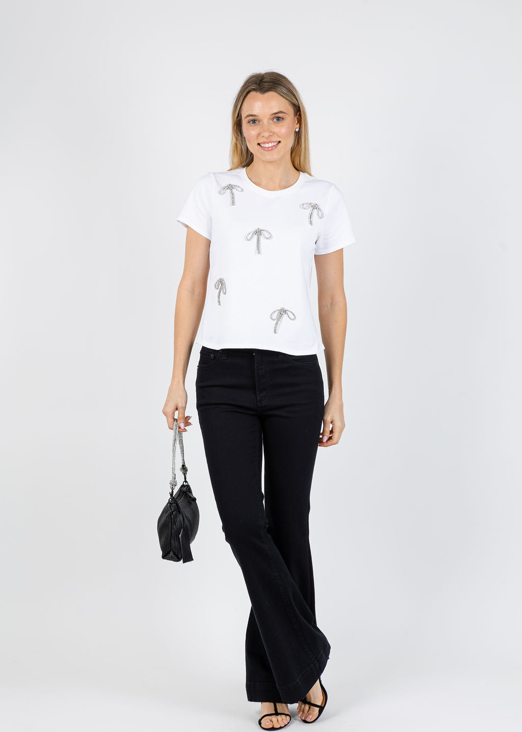Cinq a Sept Corded Rhinestone Bow Shrunken Tee in White available at Barbara Katz