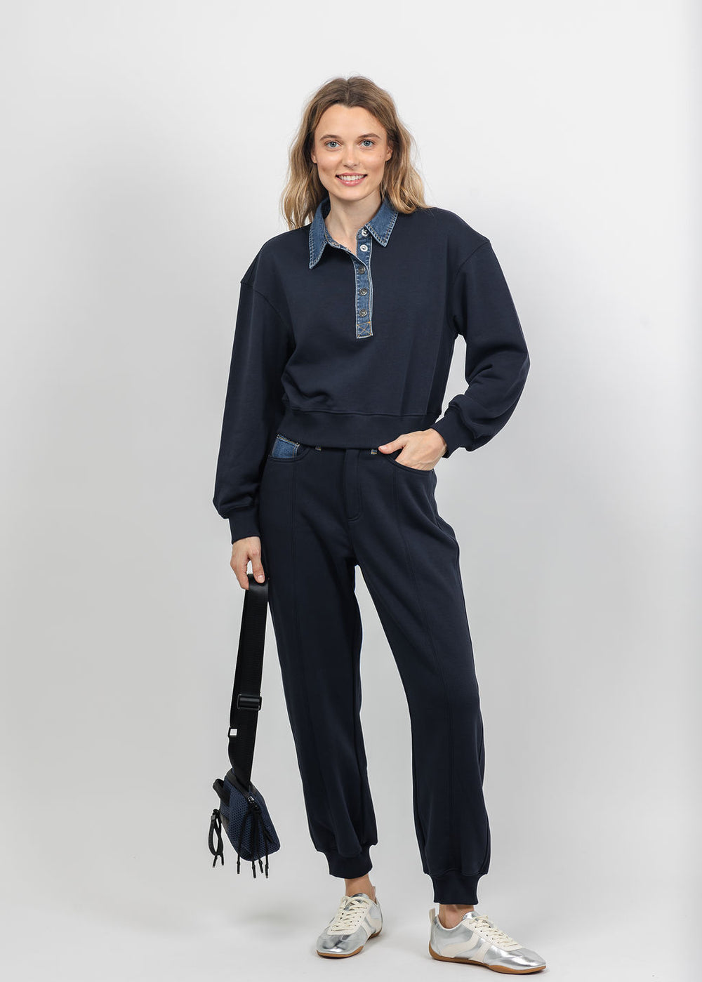 Cinq a Sept Corenna Pullover Sweatshirt and Corenna Pants in Navy/Ruisseau available at Barbara Katz