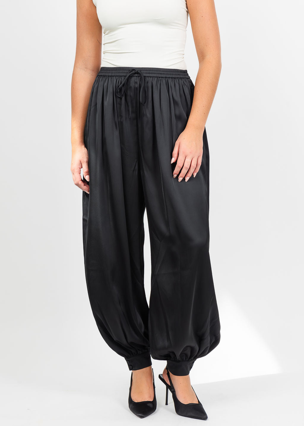 Cinq a Sept Esme Satin Verne Pant in Black available at Barbara Katz
