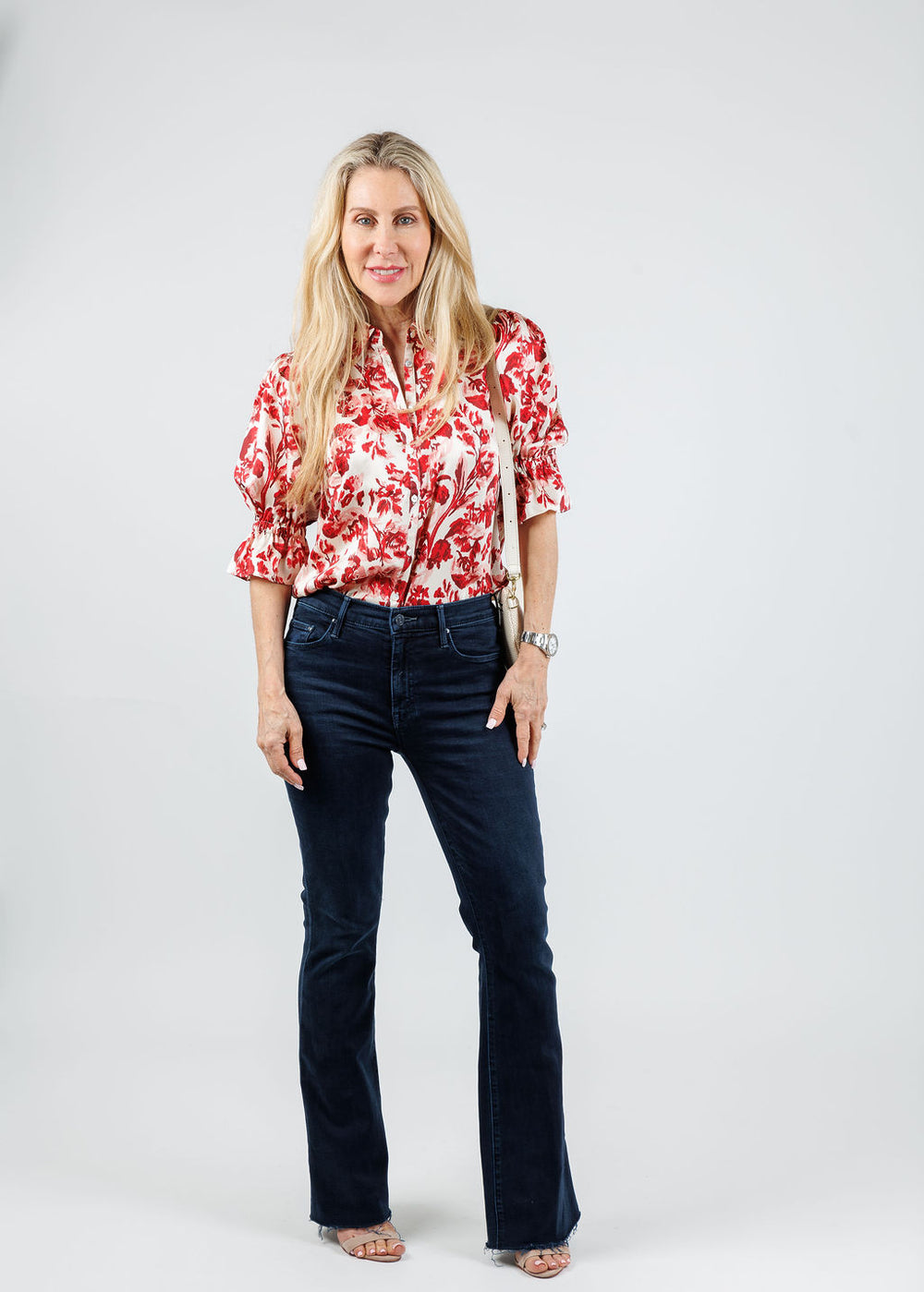 Cinq a Sept Floral Ribbons Fiona Top in Cherry Rose Multi paired with Mother The Weekender Fray Jeans in Chip On My Shoulder available at Barbara Katz