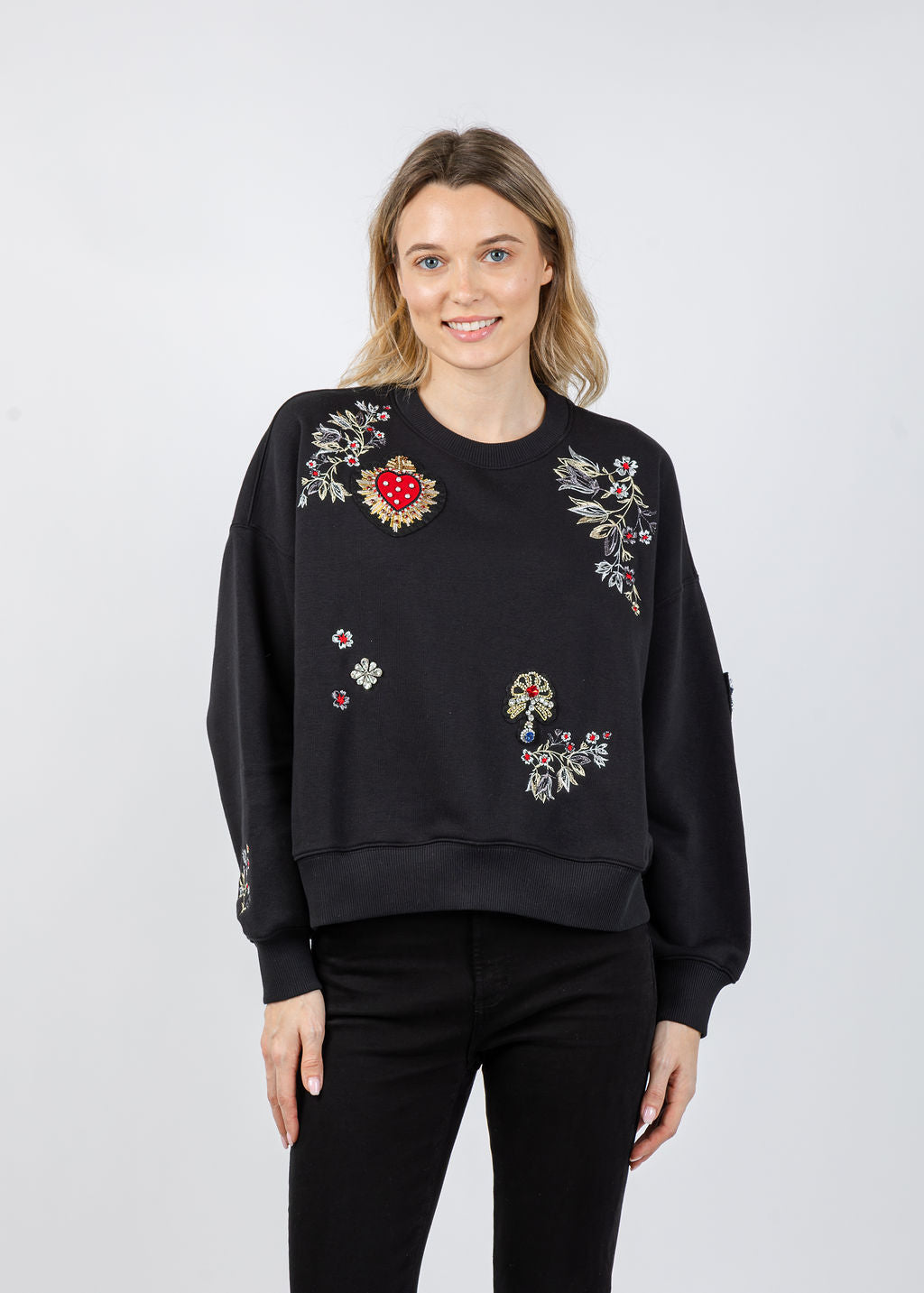 Cinq a Sept Heritage Patch Brandy Pullover Sweater in Black Multi available at Barbara Katz
