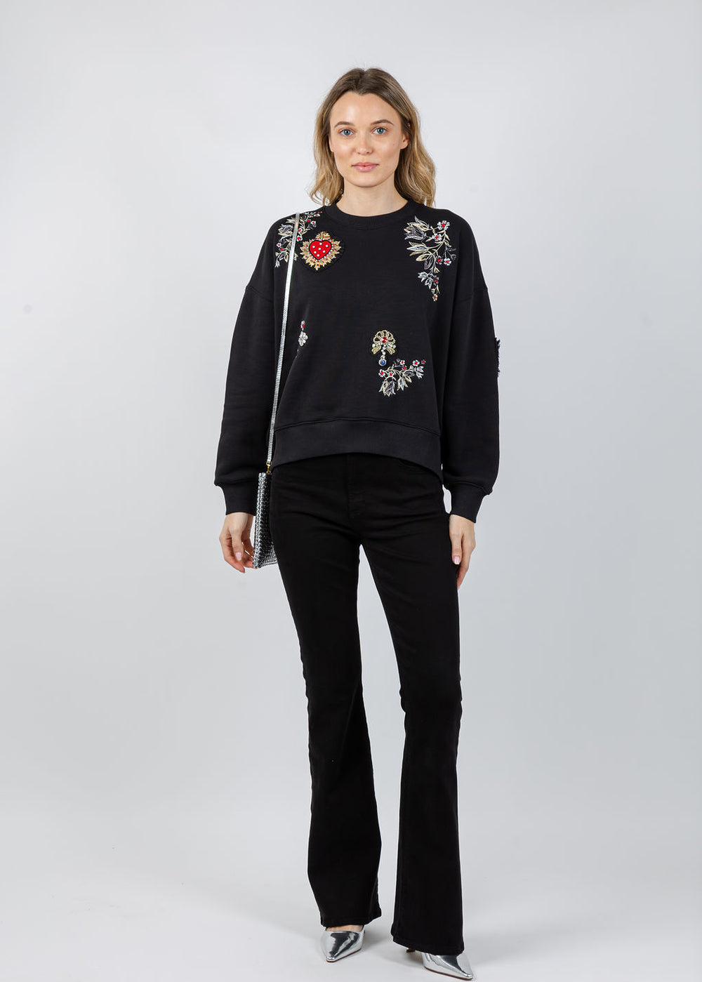 Cinq a Sept Heritage Patch Brandy Pullover Sweater in Black Multi available at Barbara Katz