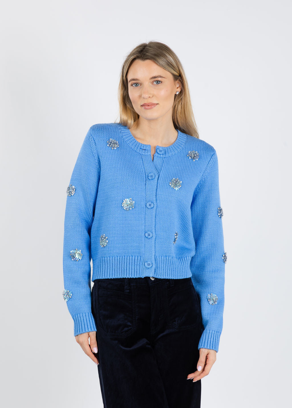 Cinq a Sept Piera Mini Sparkle Cardigan in Cobalt Wave available at Barbara Katz