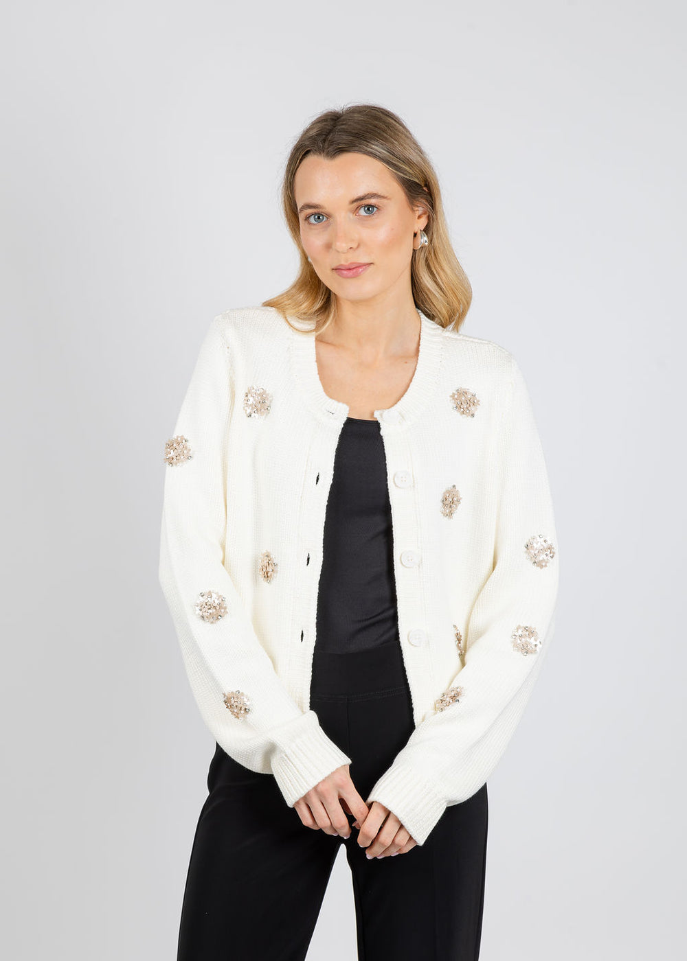 Cinq a Sept Piera Mini Sparkle Cardigan in Ivory available at Barbara Katz