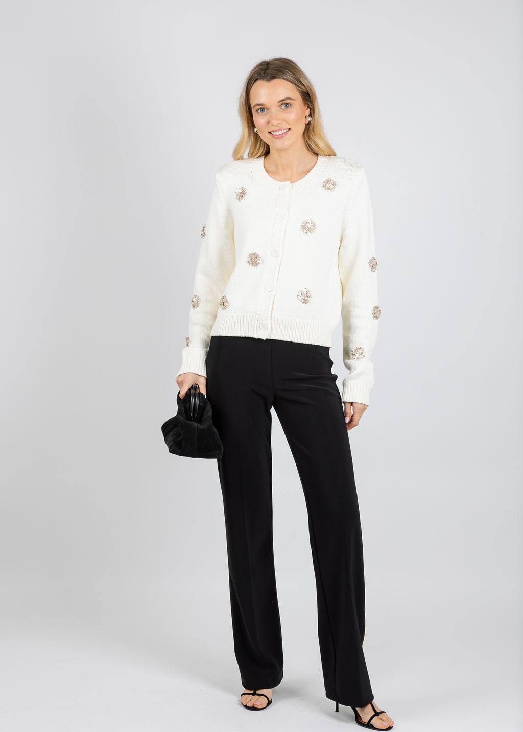 Cinq a Sept Piera Mini Sparkle Cardigan in Ivory available at Barbara Katz