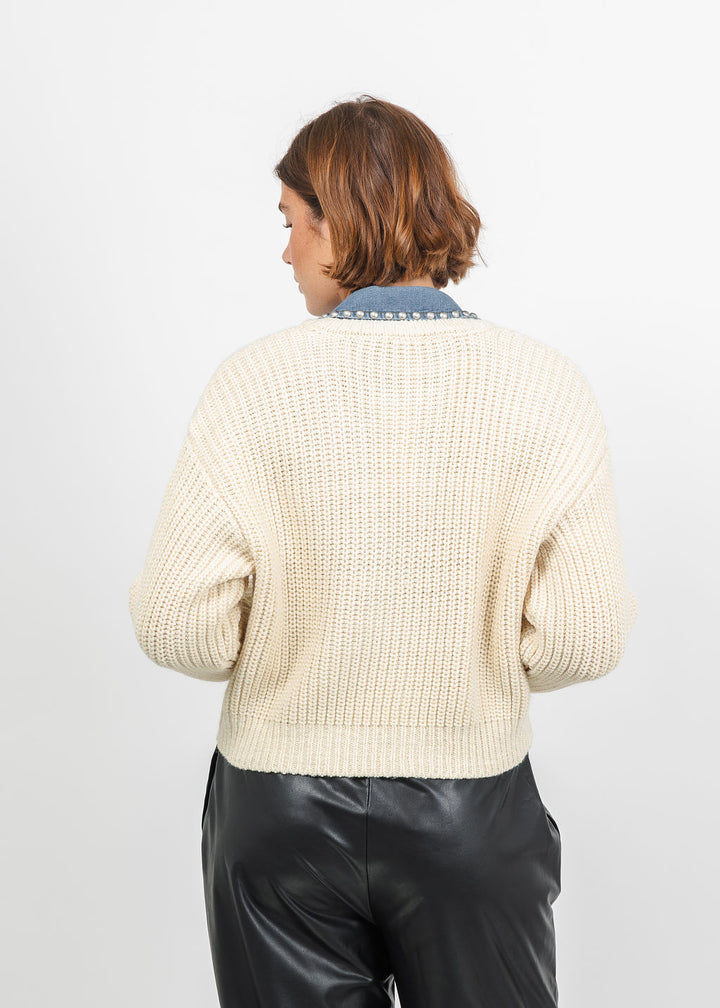 Cinq a Sept Rhiannon Pullover Sweater in Ivory/Light Wash available at Barbara Katz