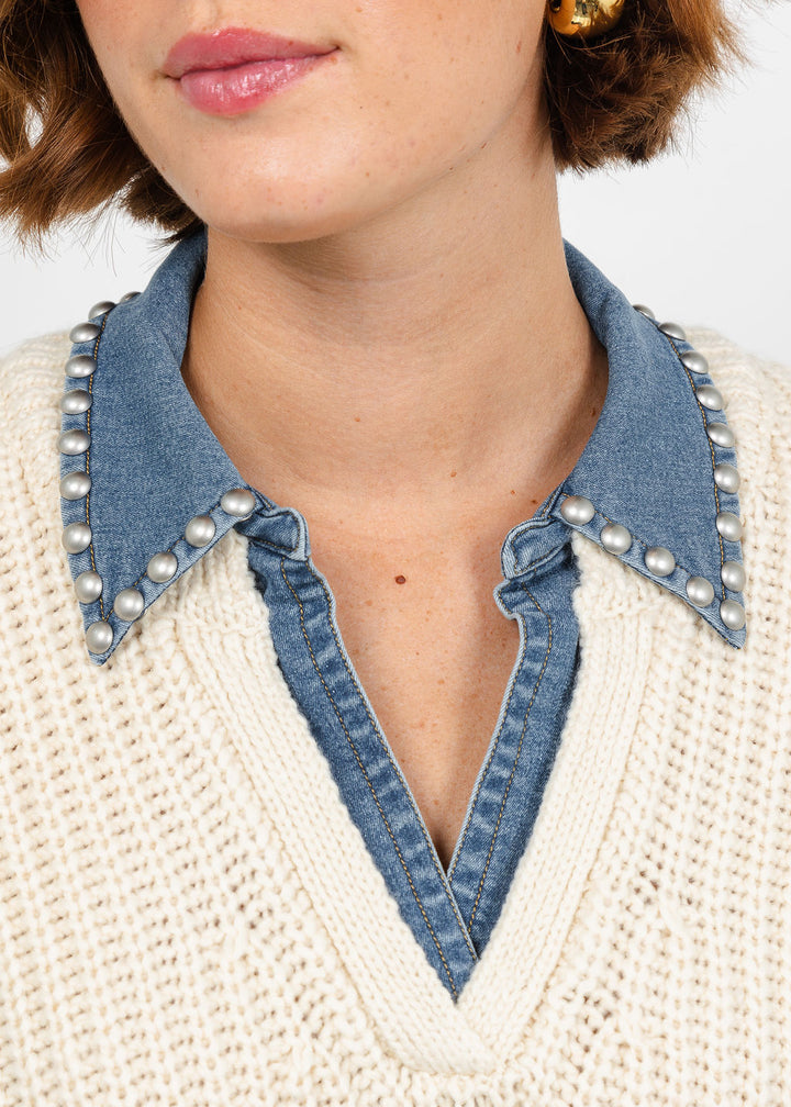 Cinq a Sept Rhiannon Pullover Sweater in Ivory/Light Wash available at Barbara Katz