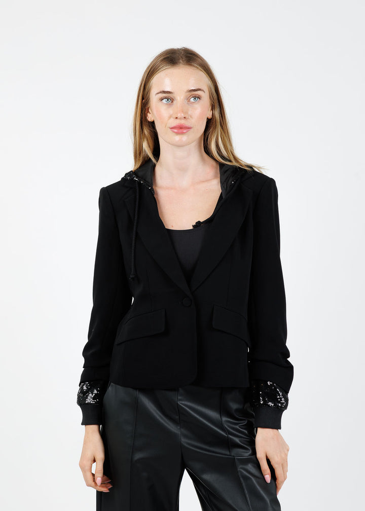Cinq à Sept Sequin Hooded Le Petit Khloe Jacket in Black available at Barbara Katz
