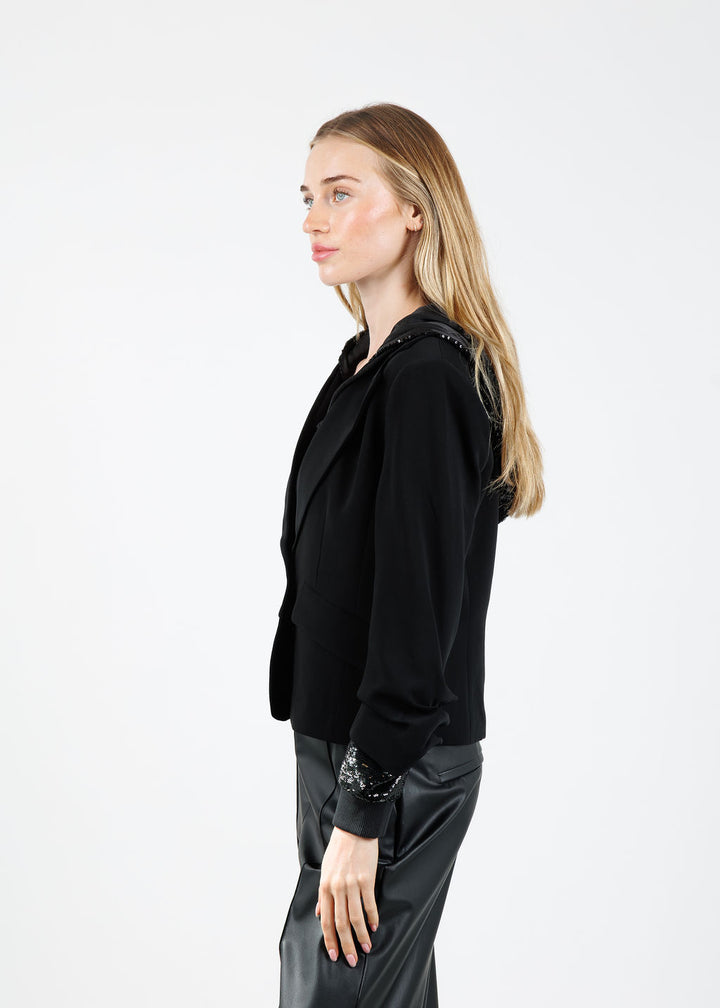 Cinq à Sept Sequin Hooded Le Petit Khloe Jacket in Black available at Barbara Katz