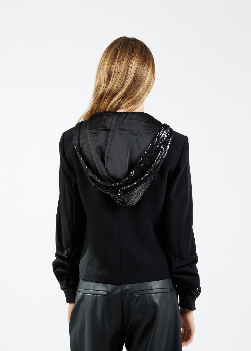 Cinq à Sept Sequin Hooded Le Petit Khloe Jacket in Black available at Barbara Katz