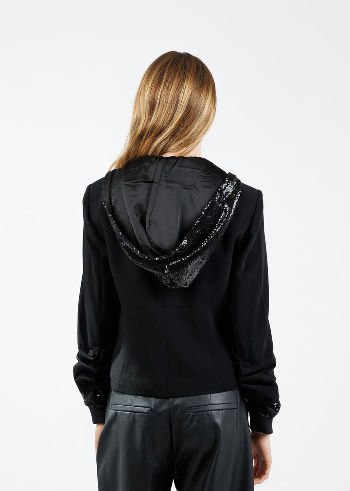 Cinq à Sept Sequin Hooded Le Petit Khloe Jacket in Black available at Barbara Katz