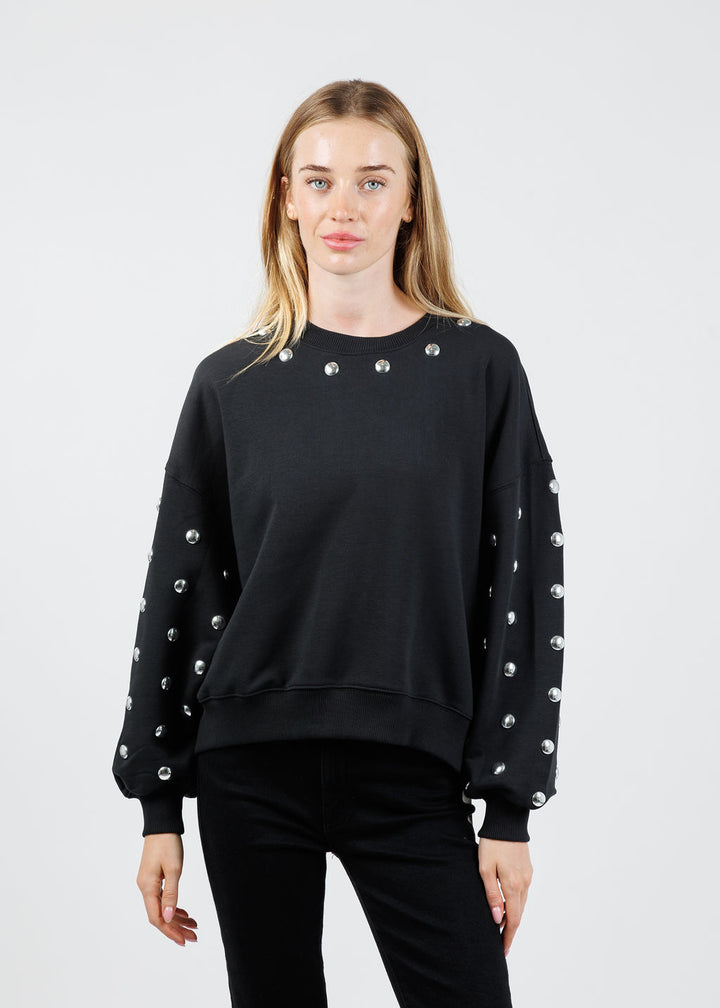 Cinq à Sept Studded Sleeves Brandy Pullover in Black/Silver available at Barbara Katz