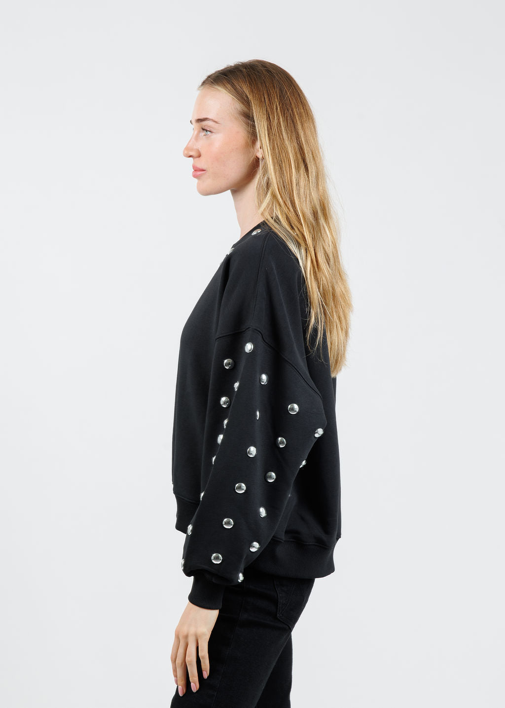 Cinq à Sept Studded Sleeves Brandy Pullover in Black/Silver available at Barbara Katz