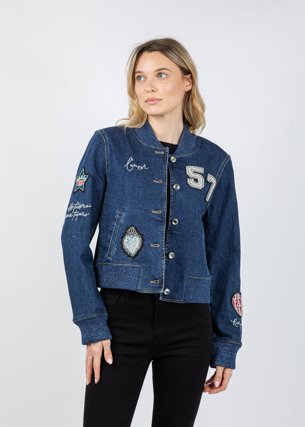 Cinq a Sept Varsity Denim Dominique Jacket in Oceane available at Barbara Katz