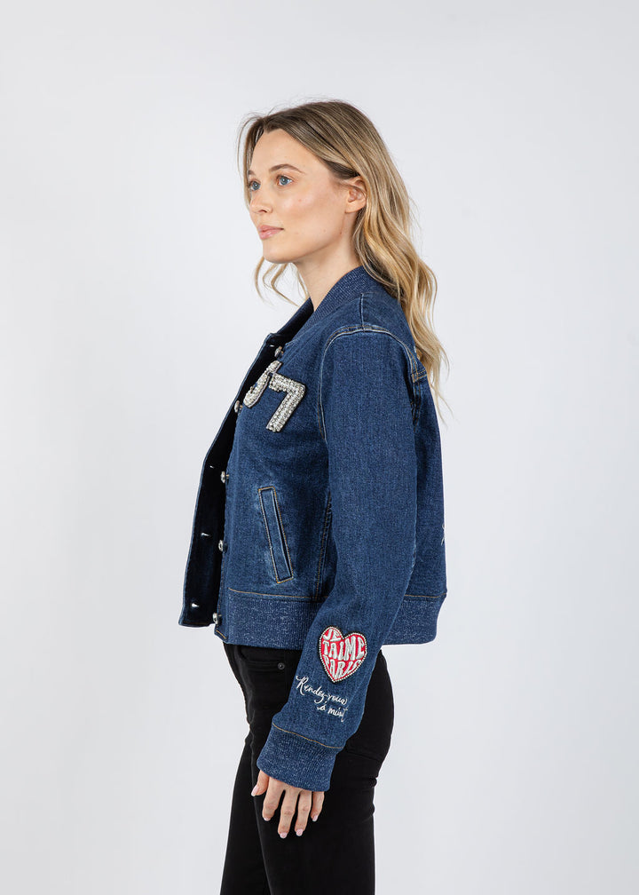 Cinq a Sept Varsity Denim Dominique Jacket in Oceane available at Barbara Katz