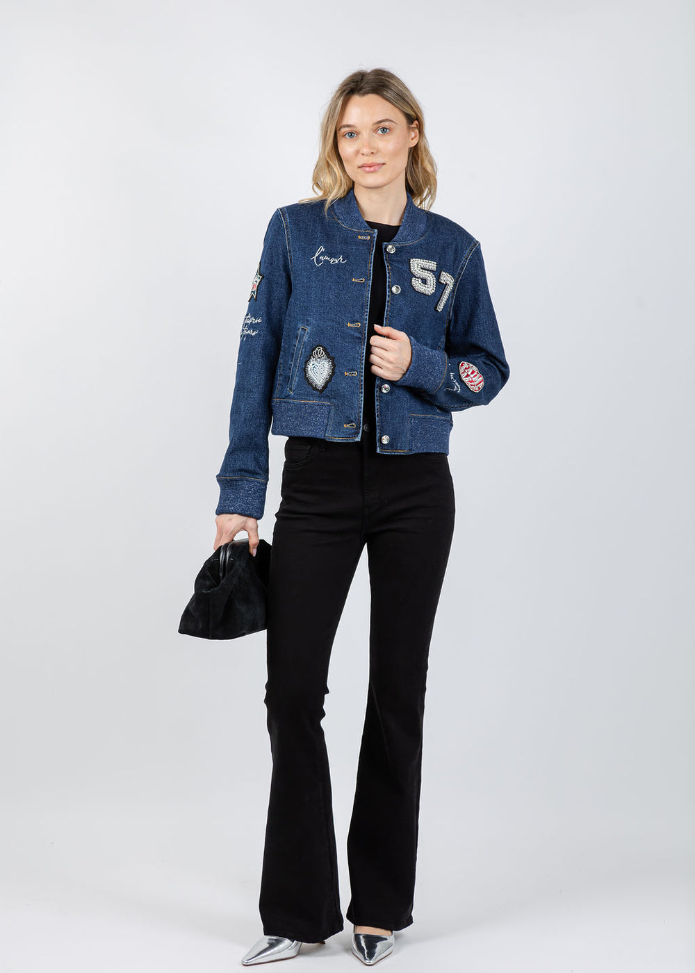 Cinq a Sept Varsity Denim Dominique Jacket in Oceane available at Barbara Katz