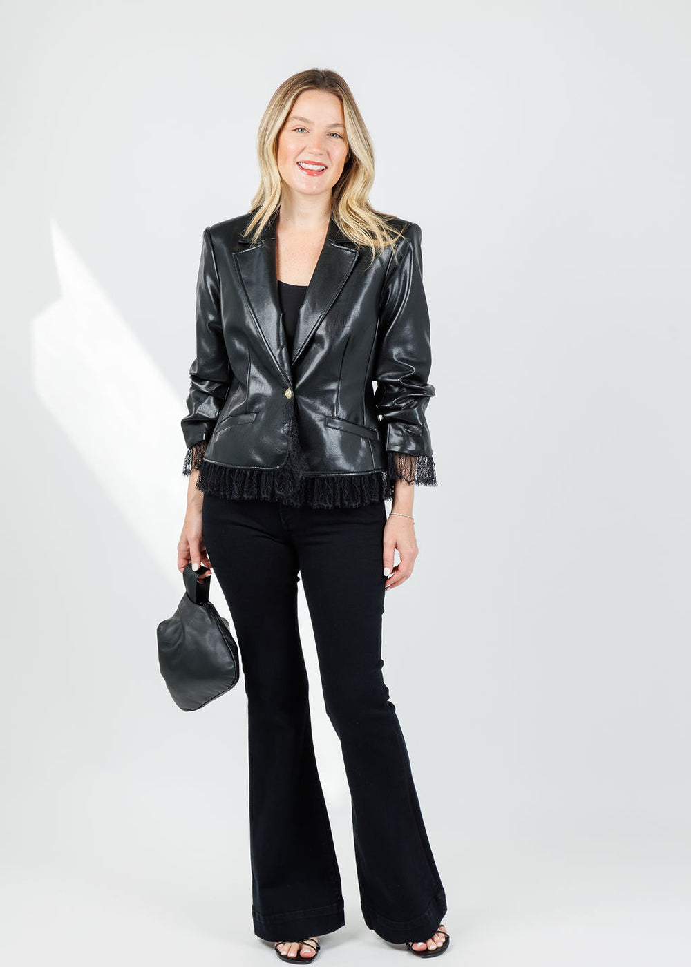 Cinq a Sept Vegan Leather Le Petit Roxie Blazer in Black available at Barbara Katz