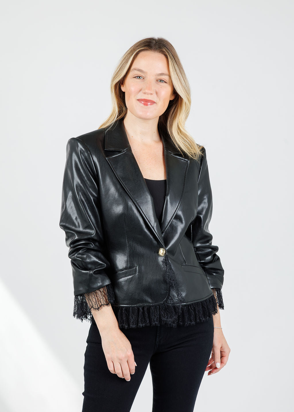 Cinq a Sept Vegan Leather Le Petit Roxie Blazer in Black available at Barbara Katz