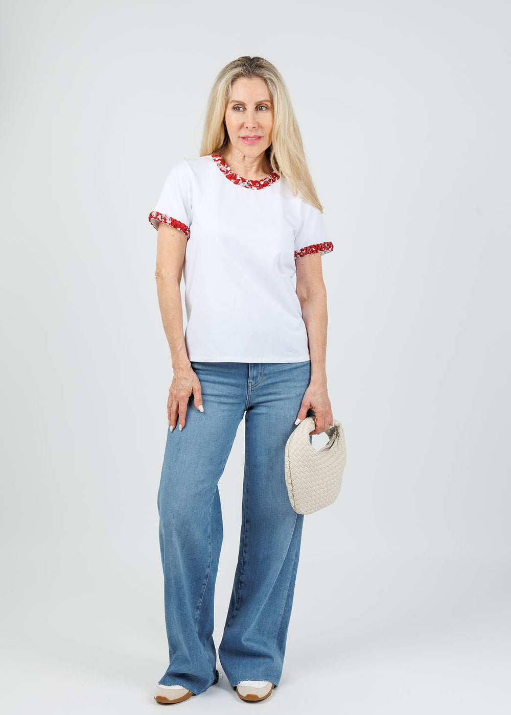 Cinq a Sept Bandana Braided Tee in White/Bordeaux paired with Frame Le Slim Palazzo Jeans in Flip Raw After available at Barbara Katz