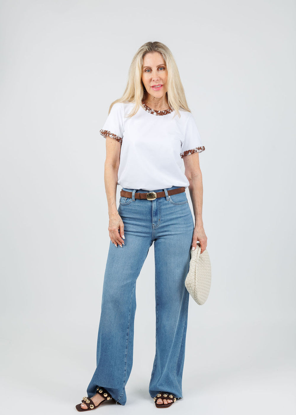 Cinq a Sept Bandana Braided Tee in White/Dark Sepia paired with Frame Le Slim Palazzo Jeans in Flip Raw After available at Barbara Katz