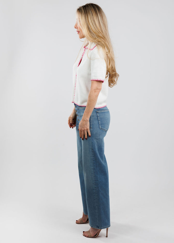 Rails Maliah Short Sleeve Cardigan in Ivory Hibiscus paired with Citizens of Humanity Lyra Patch Pocket Jeans in Splendor available at Barbara Katz