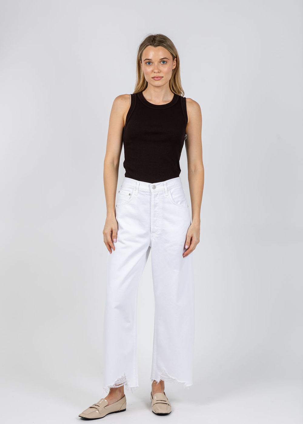 Citizens of Humanity Isabel Rib Tank in Chocolate paired with Citizens of Humanity Ayla Raw Hem Crop Pants in Harlow available at Barbara Katz