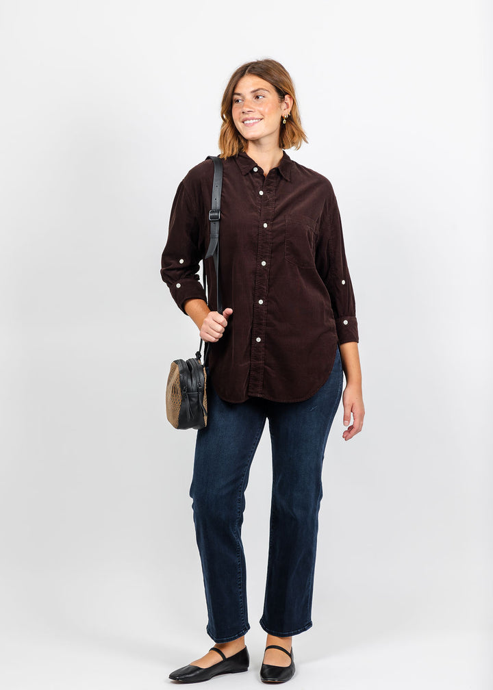 Citizens of Humanity Kayla Corduroy Shirt in Barrister paired with Mother The Mid Rise Zip Rambler Ankle Jeans in Chip On My Shoulder available at Barbara Katz