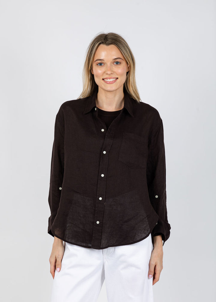 Citizens of Humanity Kayla Shrunken Linen Shirt in Chocolate available at Barbara Katz